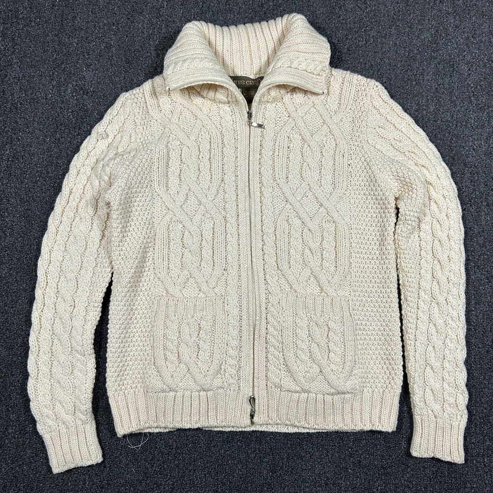 Inis Crafts Merino Wool Aran Cable Knit Zip Cardigan Sweater Mens M Cream Exc